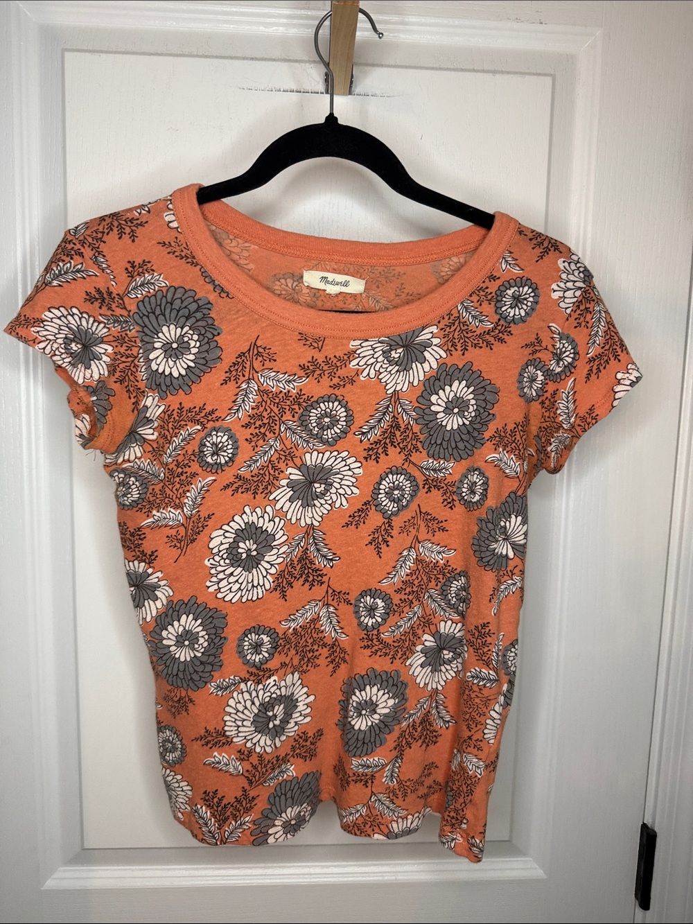 Madewell Orange Floral Short Sleeve Tee with Gray and White Flowers
